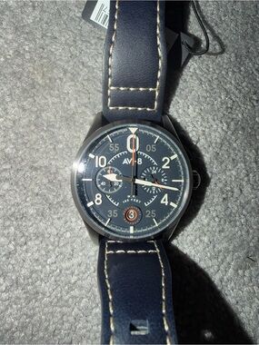 AVI-8 Spitfire Lock Chronograph, Channel Blue. Navy Leather Strap.